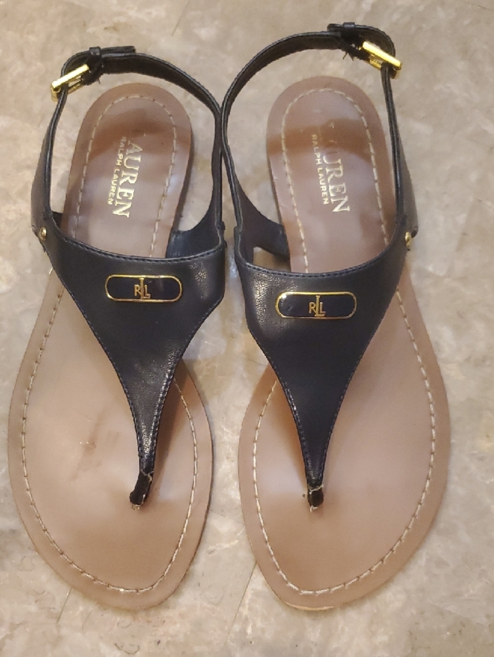 Lauren Ralph Lauren Navy and Tan Leather T-Strap Sandals with Gold Accents 8.5